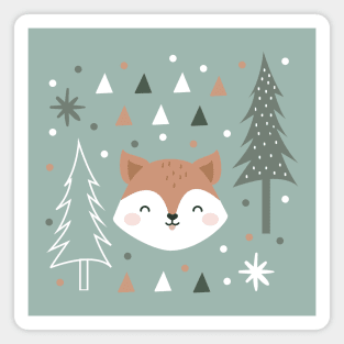 Cute Fox in the Forest Green and Grey Magnet